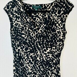 Lauren Ralph Lauren Dress Size 4 Faux Wrap Cap Sleeves Side Ruching Black/Cream